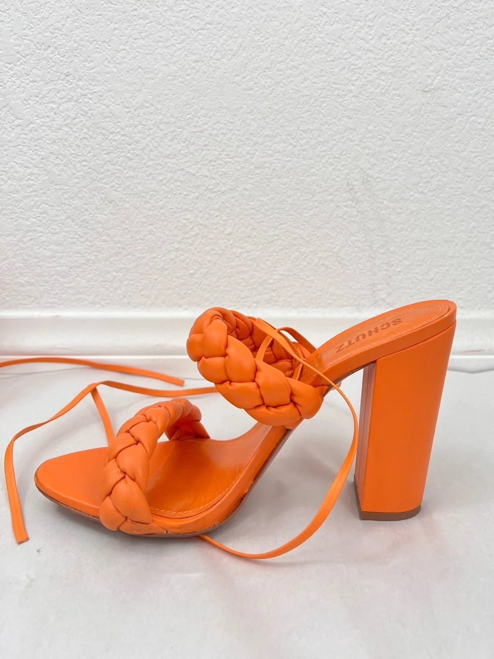 Schutz Zaria Orange High Block Heel Sandals Braided Ankle Straps Women's 9.5B